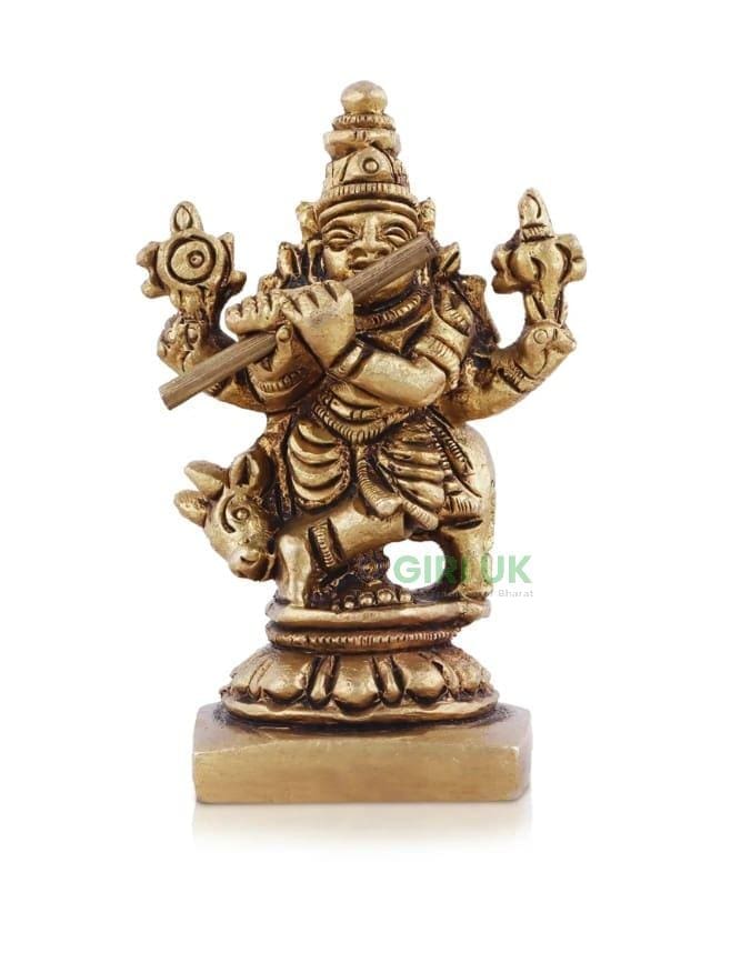 Krishna Statue with Cow - 2 x 1.5 Inches - Antique Brass Idol - 0.080 Kgs