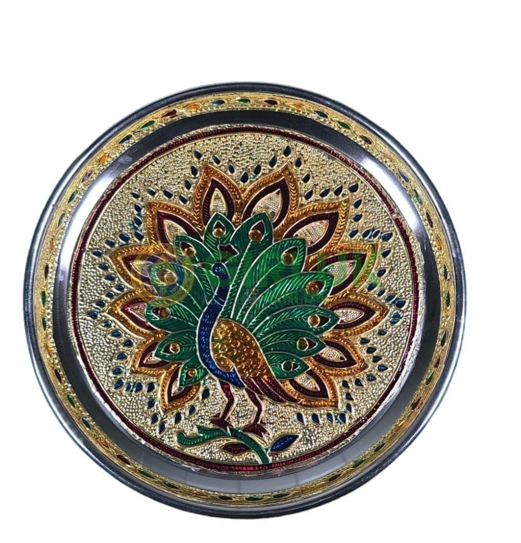 Meenakari Pooja Plate - Floral Peacock design - Stainless Steel