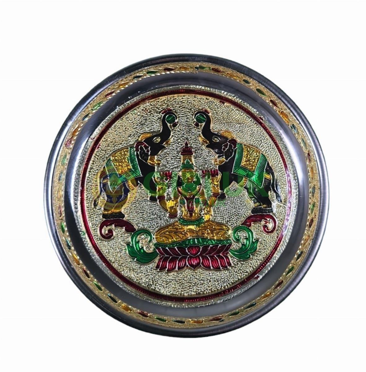 Meenakari Pooja Plate - Gaja Lakshmi design - Stainless Steel