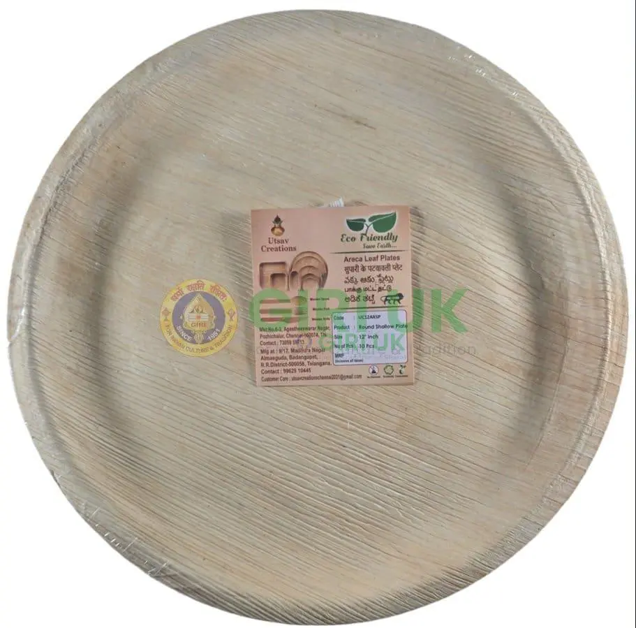 Areca Leaf Plate - Round Shallow - 10 Pcs Set - 12 Inch Dia