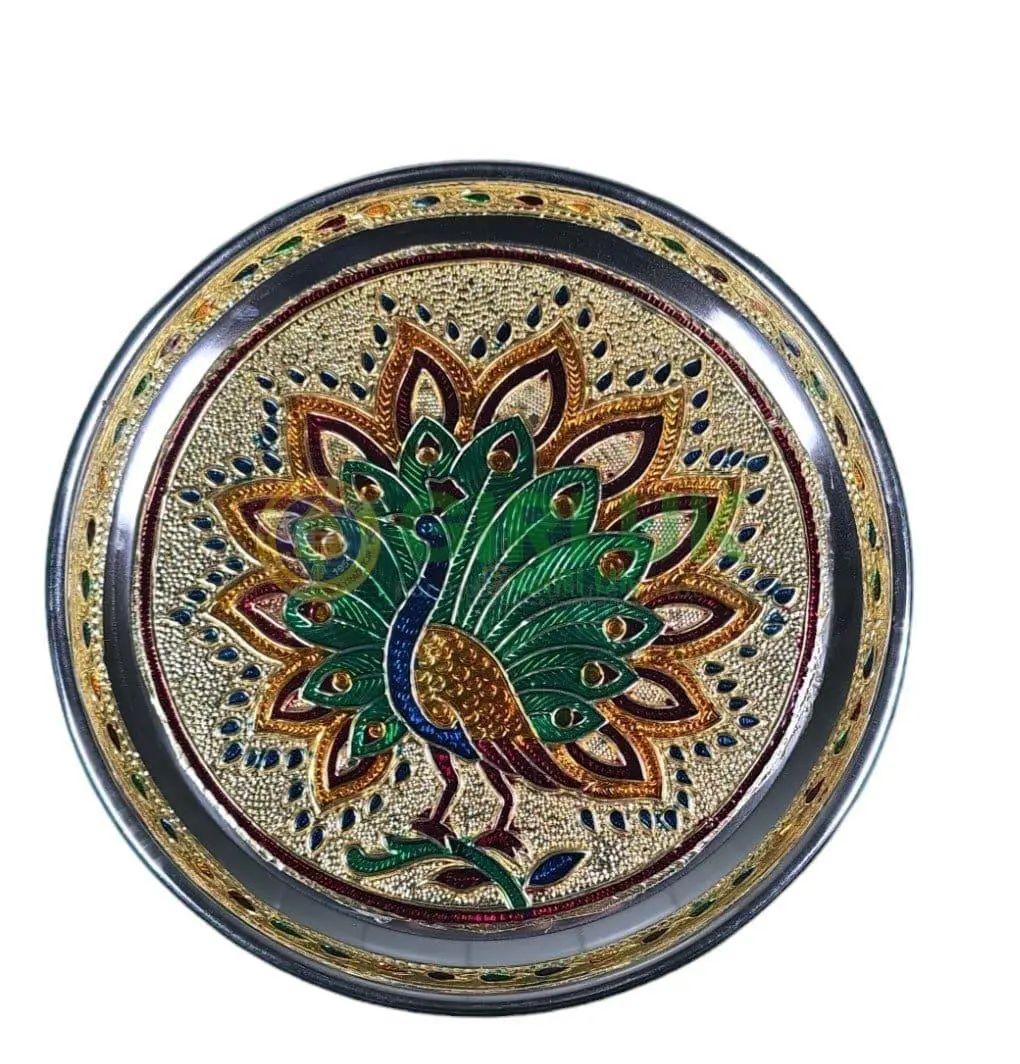 Meenakari Pooja Plate - Floral Peacock design - Stainless Steel