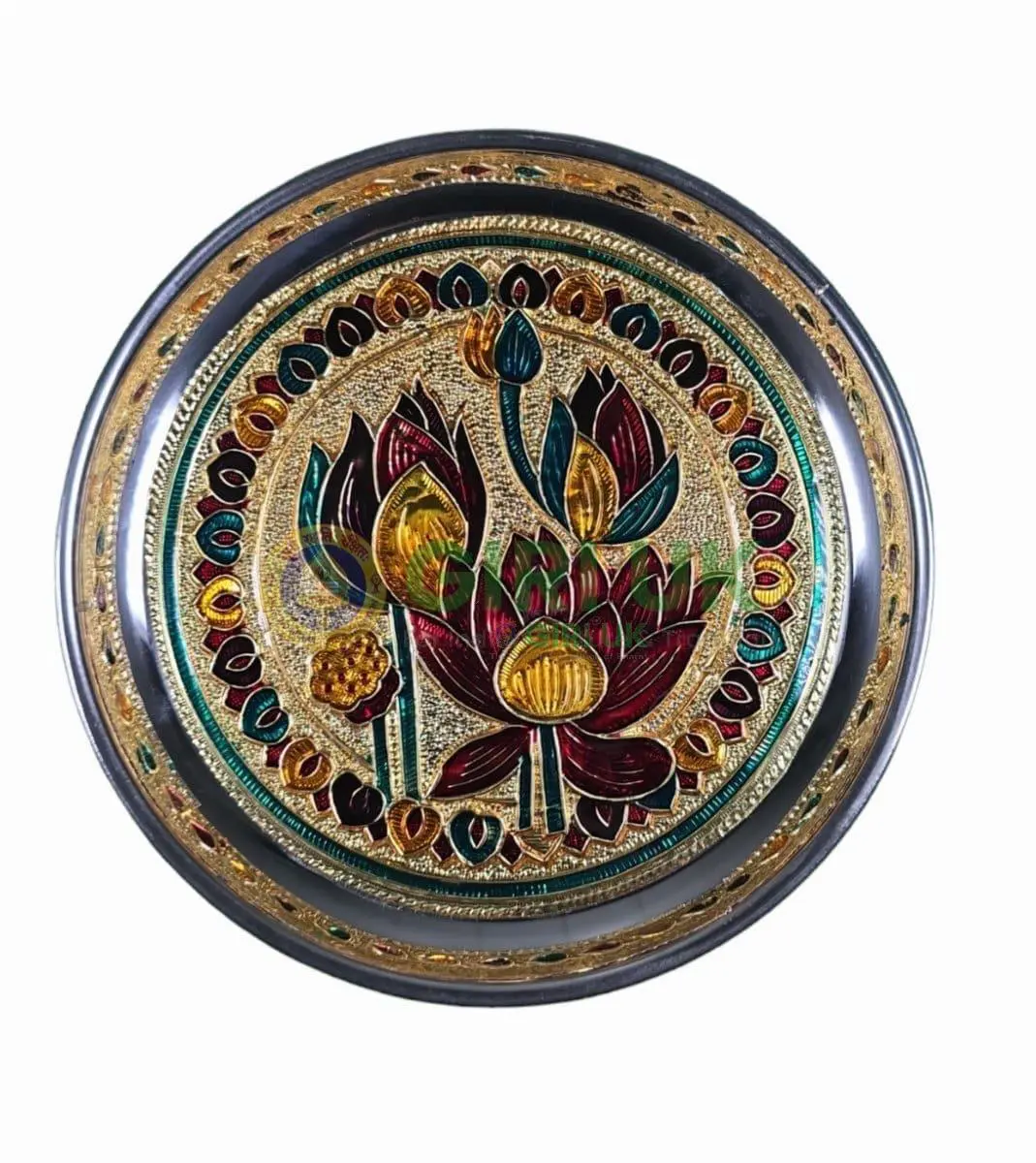 Meenakari Pooja Plate - Lotus design - Stainless Steel