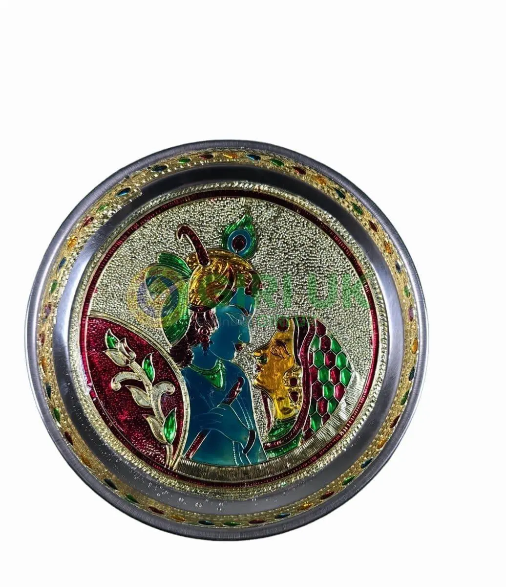 Meenakari Pooja Plate - Radha Krishna - Stainless Steel