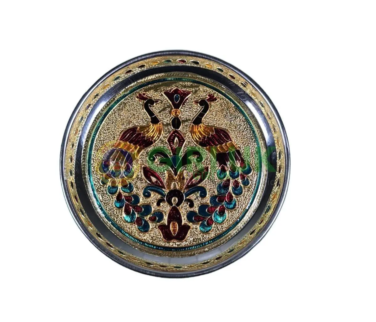 Meenakari Pooja Plate - Peacock Pair design - Stainless Steel