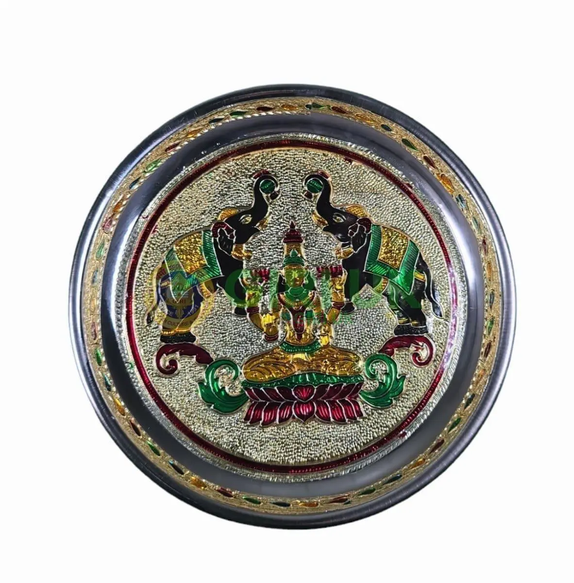 Meenakari Pooja Plate - Gaja Lakshmi design - Stainless Steel