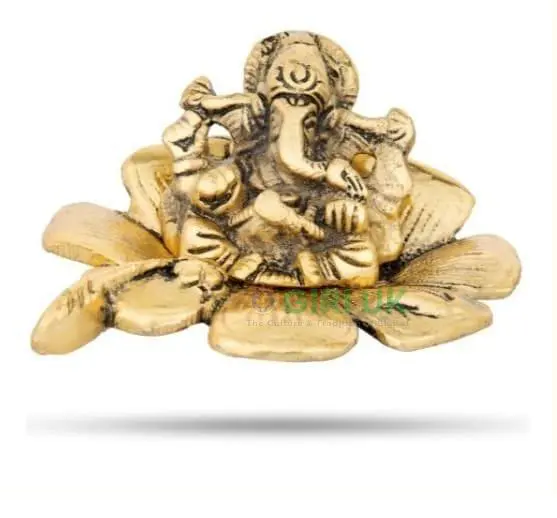 Golden Ganesh Sitting On Hibiscus Flower - Aluminium - 2.5 Inch - 175 Gms